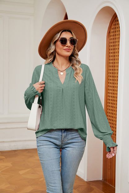 Notched Neck Flounce Sleeve Blouse Gum Leaf Fitggins
