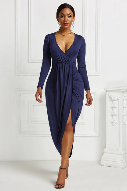 High-low Ruched Surplice Long Sleeve Dress Navy Fitggins