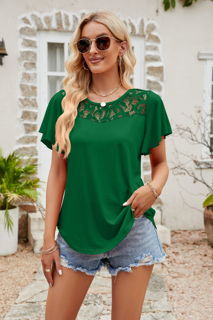 Spliced Lace Flutter Sleeve Top Mid Green Fitggins