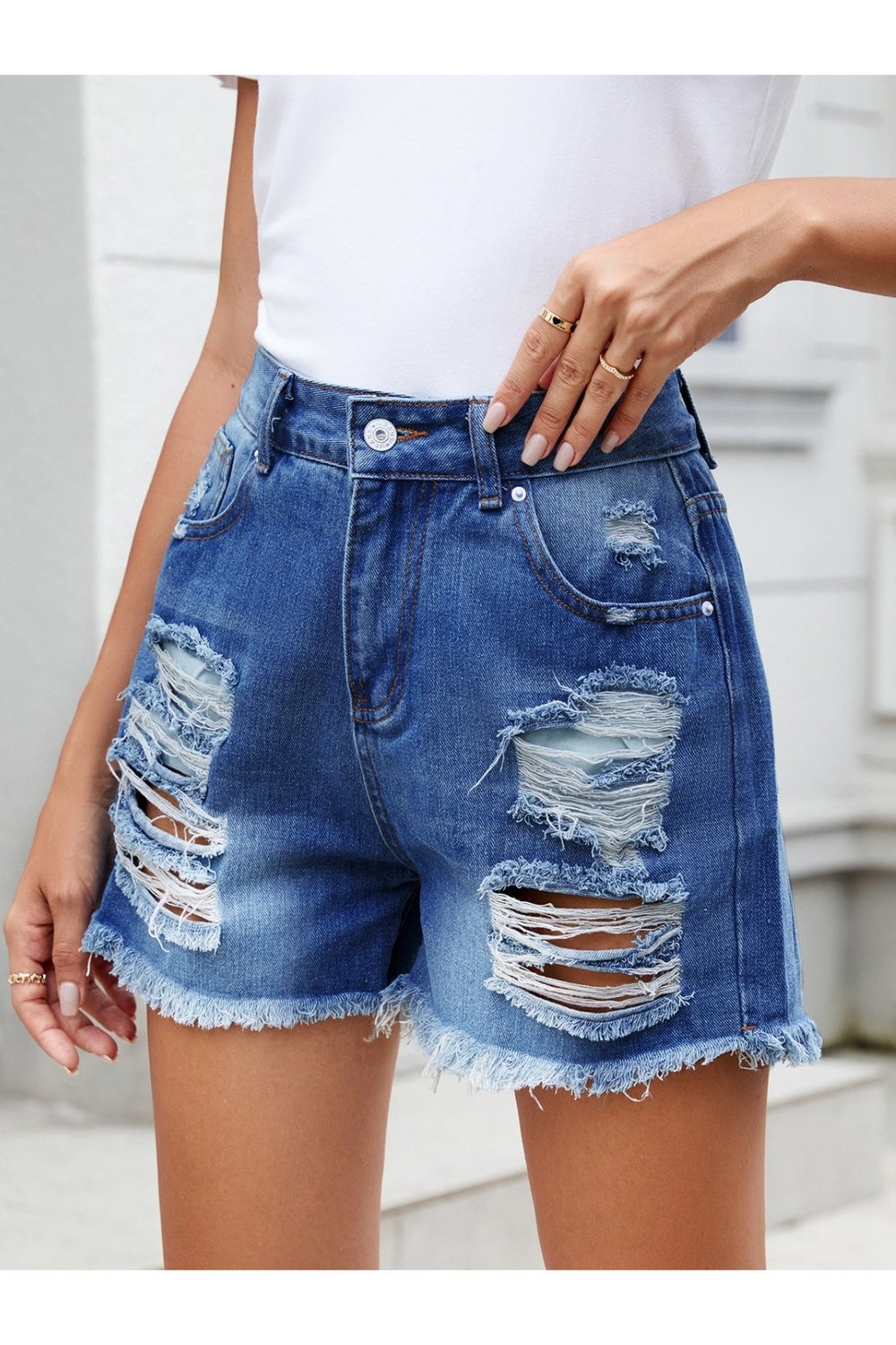 Distressed Raw Hem Denim Shorts - Denim Shorts - FITGGINS