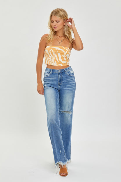 RISEN Full Size High Rise Frayed Hem Wide Leg Jeans - Jeans - FITGGINS