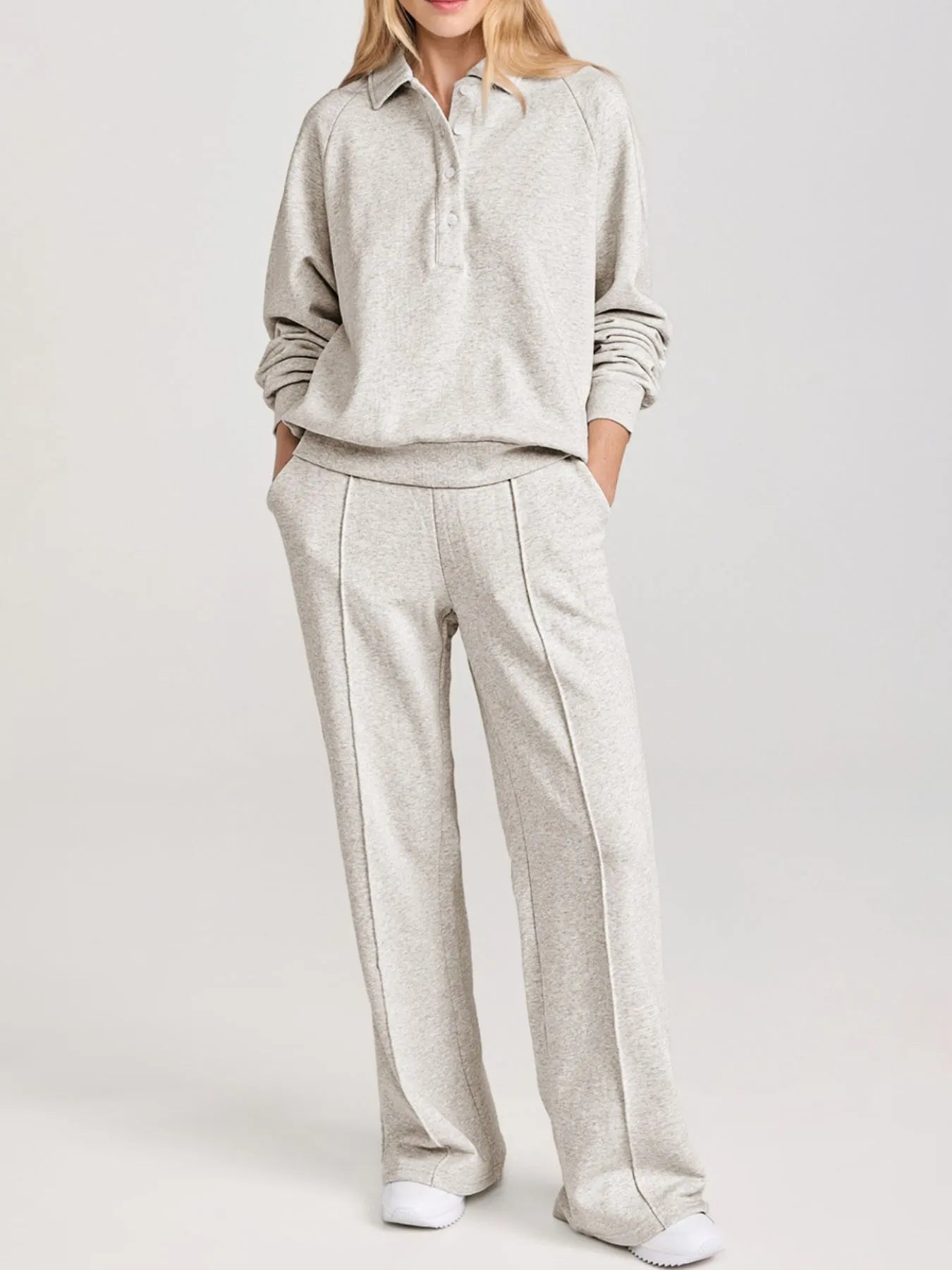 Collared Sweatshirt and High Waist Pants Active Set Light Gray Fitggins