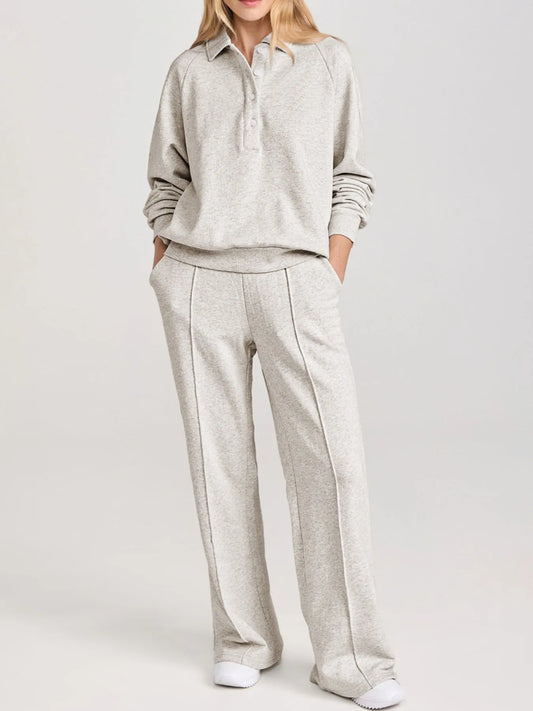 Collared Sweatshirt and High Waist Pants Active Set Light Gray Fitggins