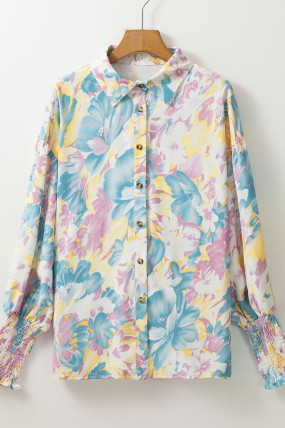 Printed Button Down Lantern Sleeve Shirt - Shirts - FITGGINS