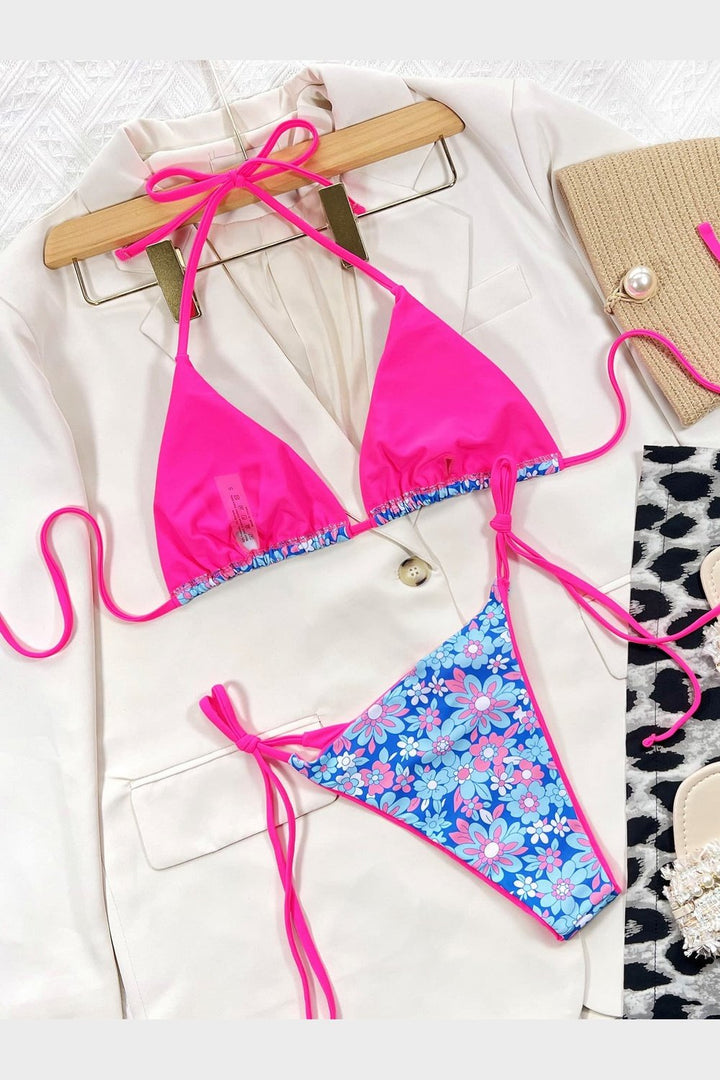 Floral Halter Neck Tie Side Bikini Set - Bikinis & Tankinis - FITGGINS