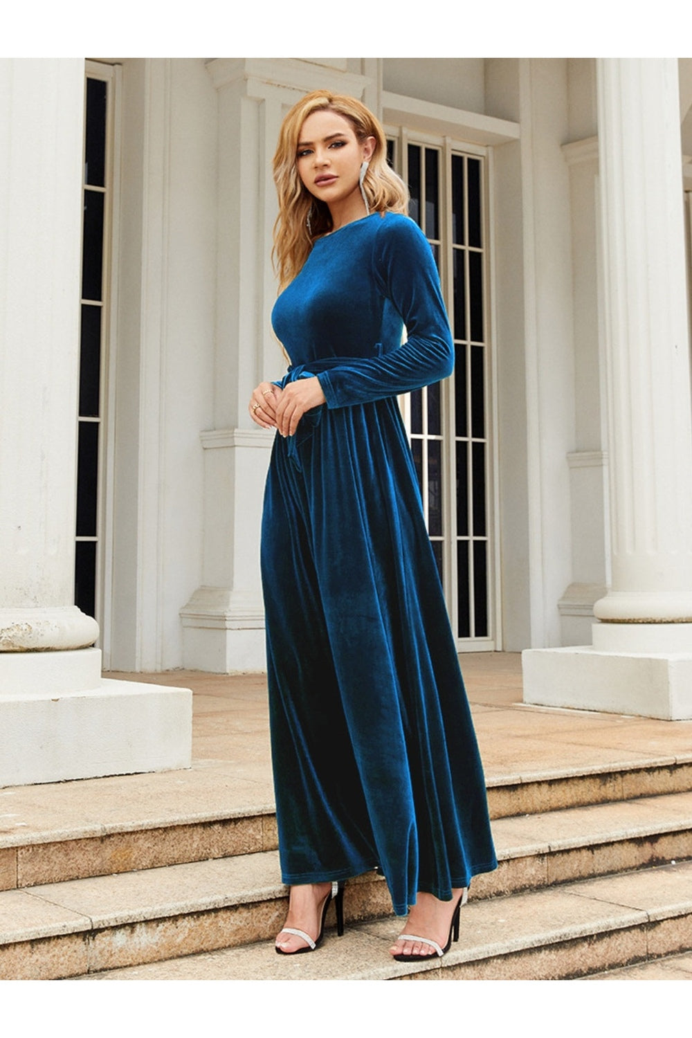 Tie Front Round Neck Long Sleeve Maxi Dress - - FITGGINS