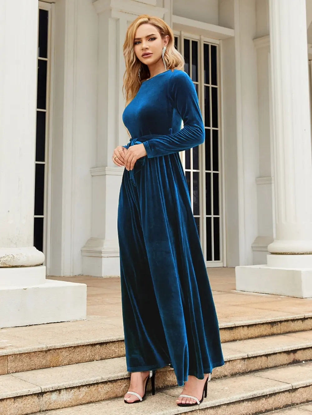 Tie Front Round Neck Long Sleeve Maxi Dress Indigo Fitggins