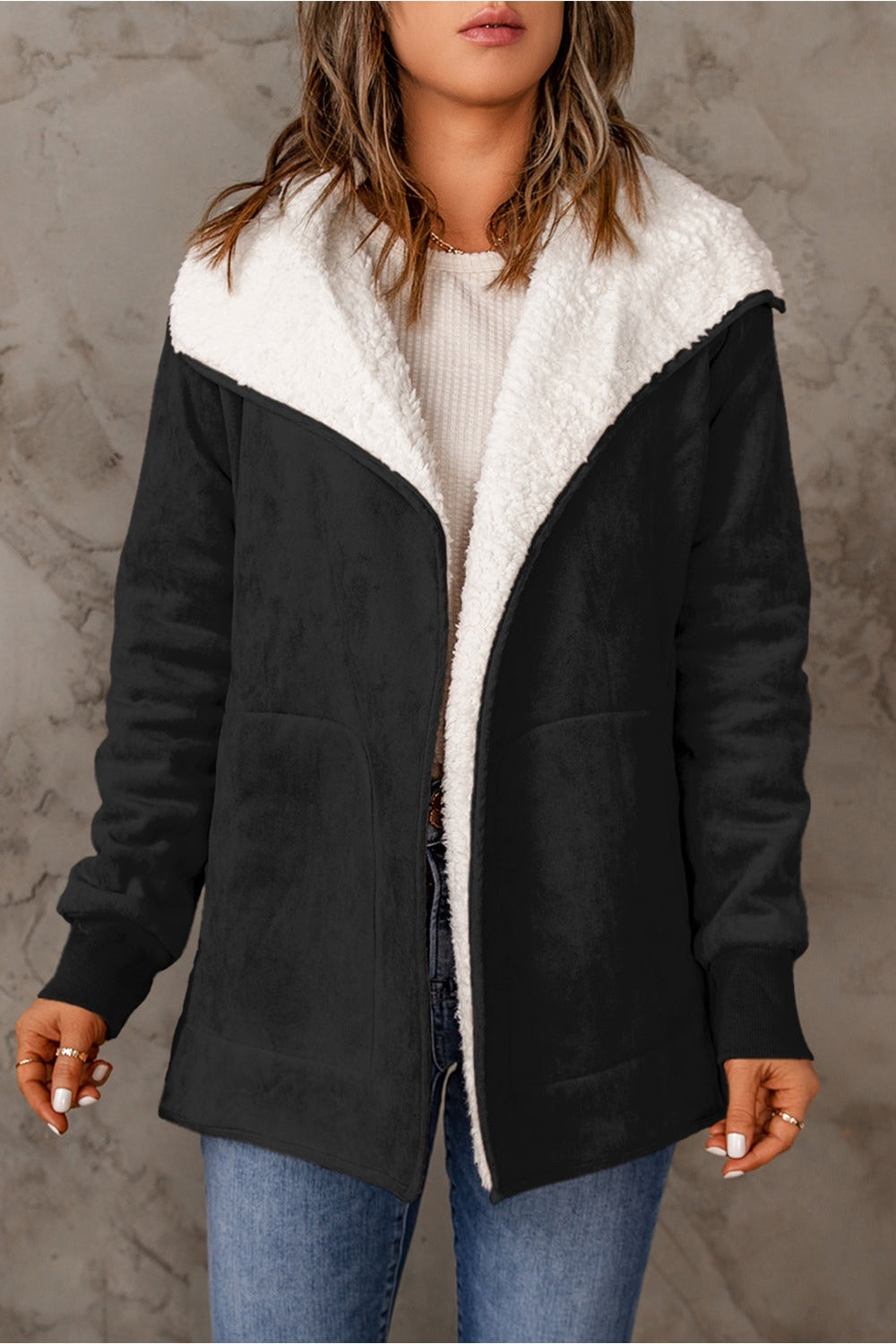 Open Front Long Sleeve Sherpa Jacket - Jackets - FITGGINS