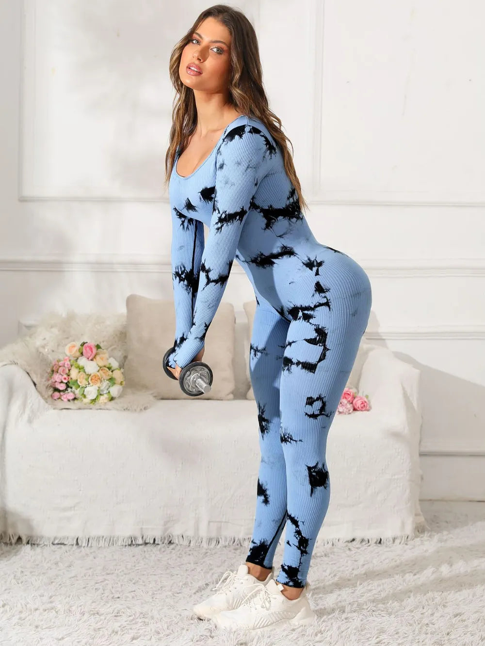 Scoop Neck Long Sleeve Active Jumpsuit Light Blue Fitggins