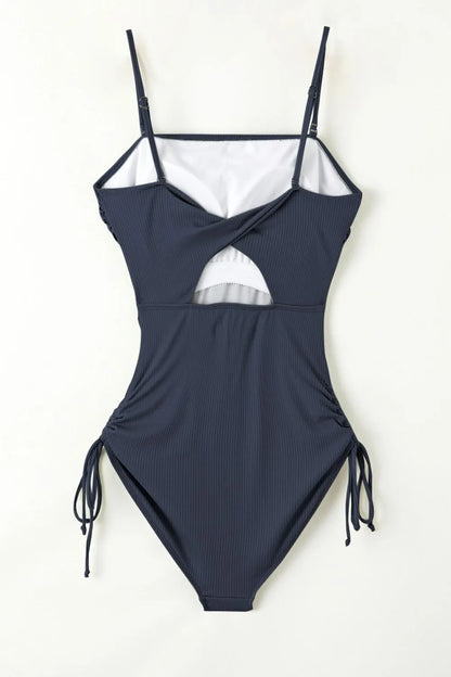 Ribbed Drawstring Sides Cutout One Piece Swimsuit Fitggins