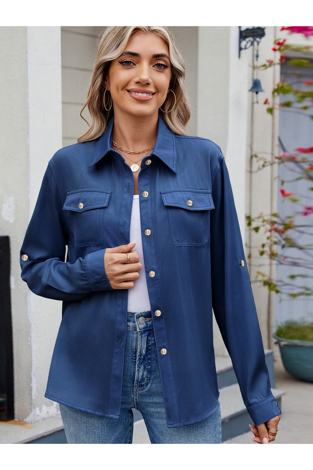 Solid Color Collared Neck Long Sleeve Shirt Fitggins