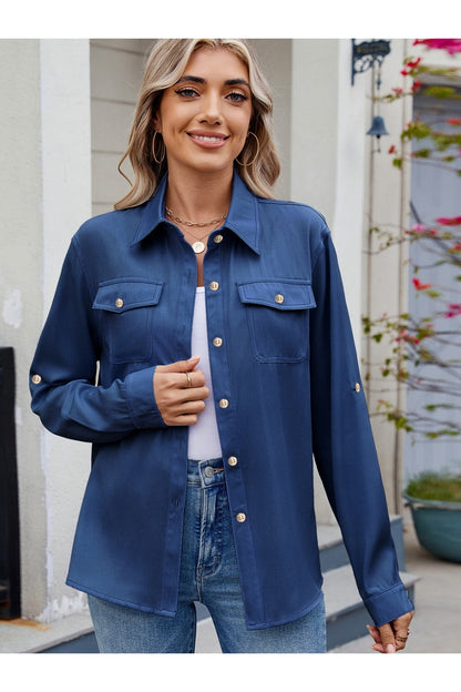 Solid Color Collared Neck Long Sleeve Shirt Fitggins