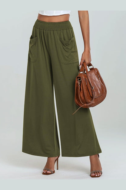 Pocketed Elastic Waist Wide Leg Pants - Pants - FITGGINS