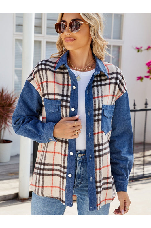 Plaid Long Sleeve Denim Jacket - Denim Jackets - FITGGINS