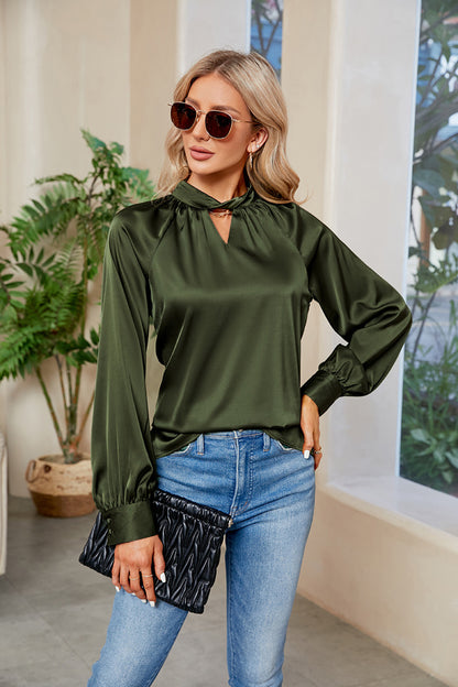 Cutout Mock Neck Long Sleeve Top - Blouses - FITGGINS