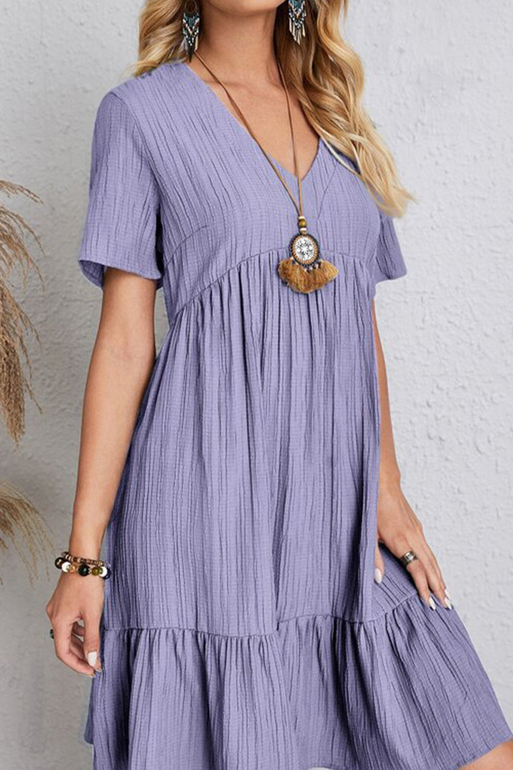 Full Size Ruched V-Neck Short Sleeve Dress - Casual & Maxi Dresses - FITGGINS