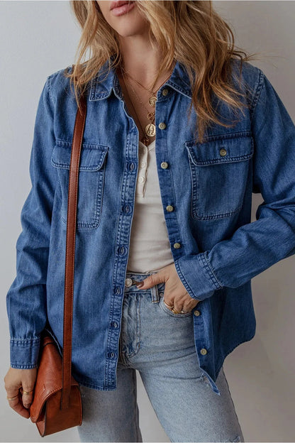 Button Up Long Sleeve Denim Jacket - Denim Jackets - FITGGINS