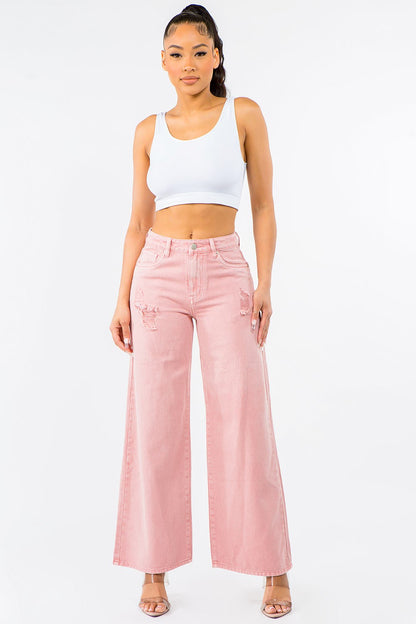 American Bazi High Waist Distressed Wide Leg Jeans - Jeans - FITGGINS