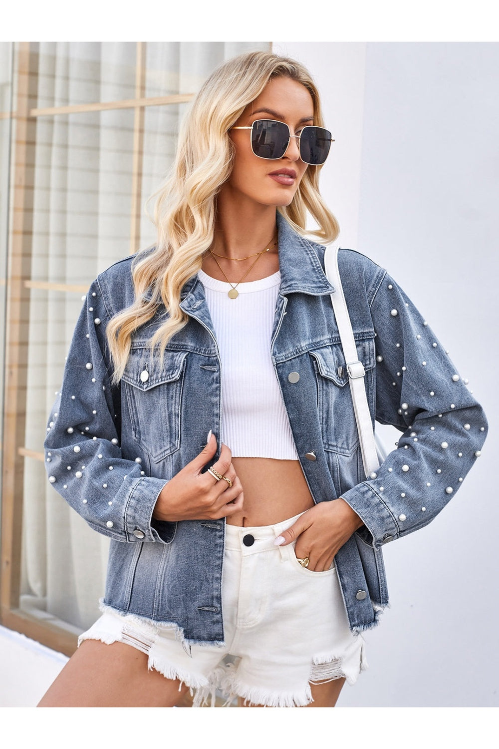 Pearl Trim Raw Hem Denim Jacket - Denim Jackets - FITGGINS