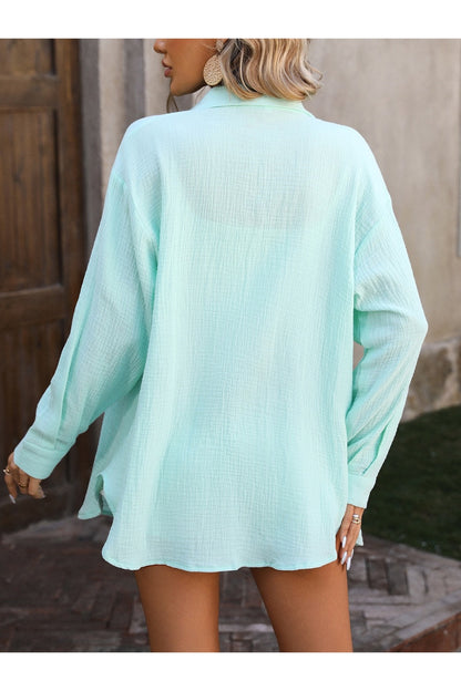 Mandy Textured Button-Up Shirt with Dropped Shoulders Fitggins