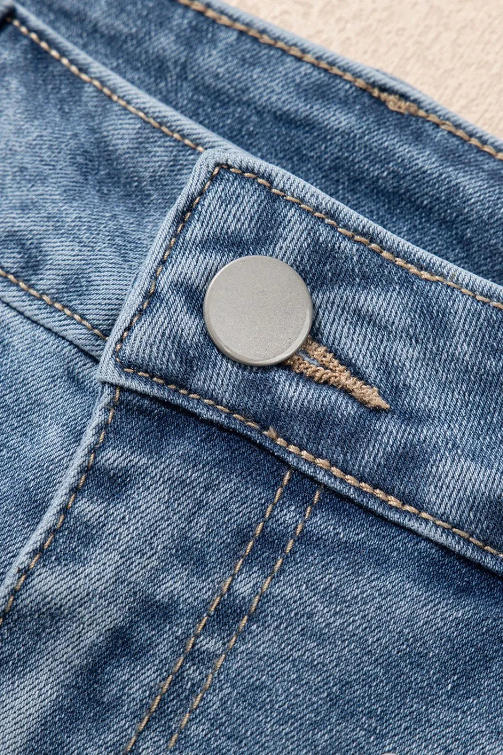 Pearl Beaded Raw Hem Wash Denim Shorts Fitggins