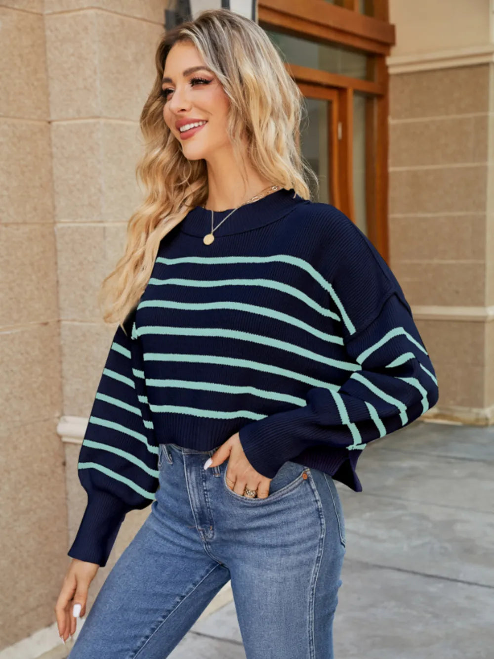 Round Neck Striped Lantern Sleeve Sweater Fitggins
