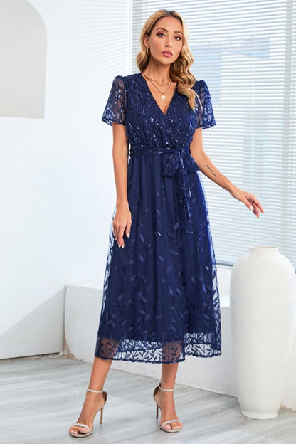 Sequin Leaf Embroidery Tie Front Short Sleeve Dress - Cocktail Dresses - FITGGINS