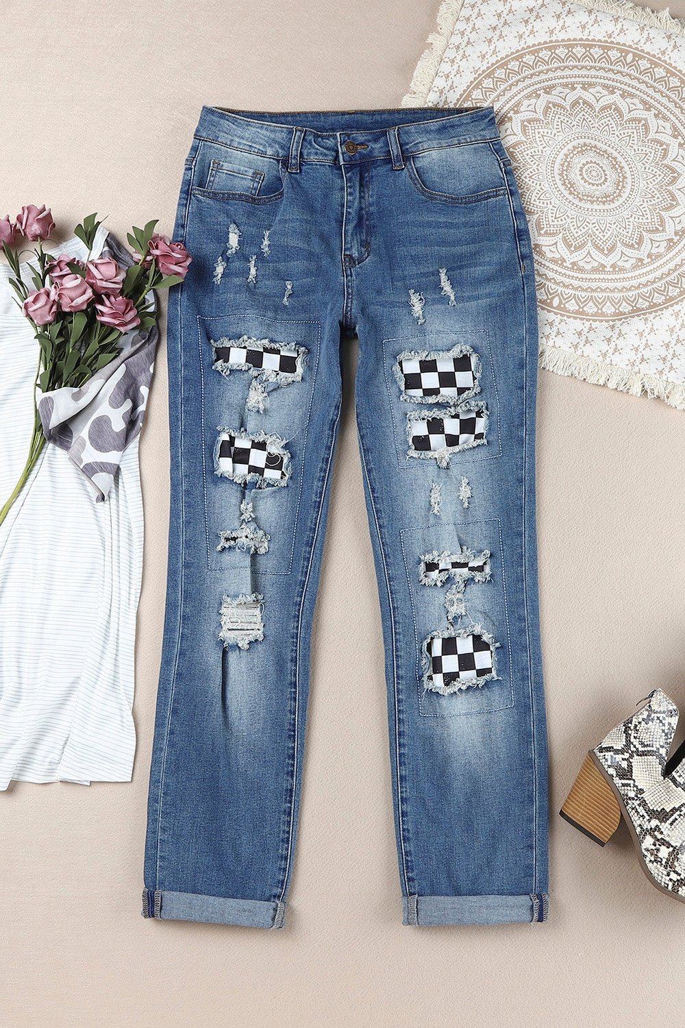 Baeful Checkered Patchwork Mid Waist Distressed Jeans - Jeans - FITGGINS