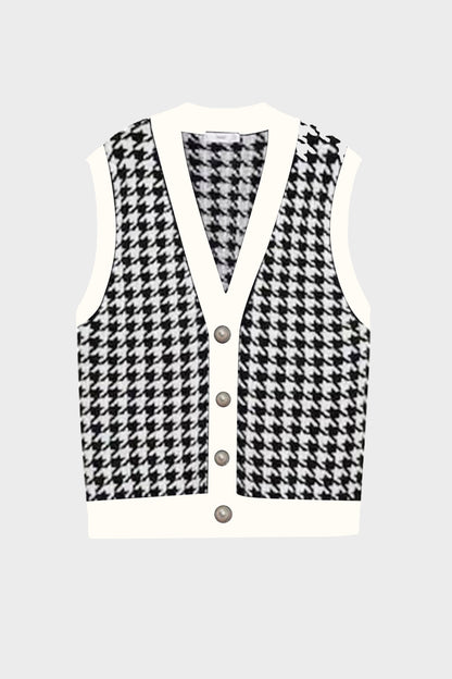 Houndstooth Button Front Sweater Vest - Pullover Sweaters - FITGGINS