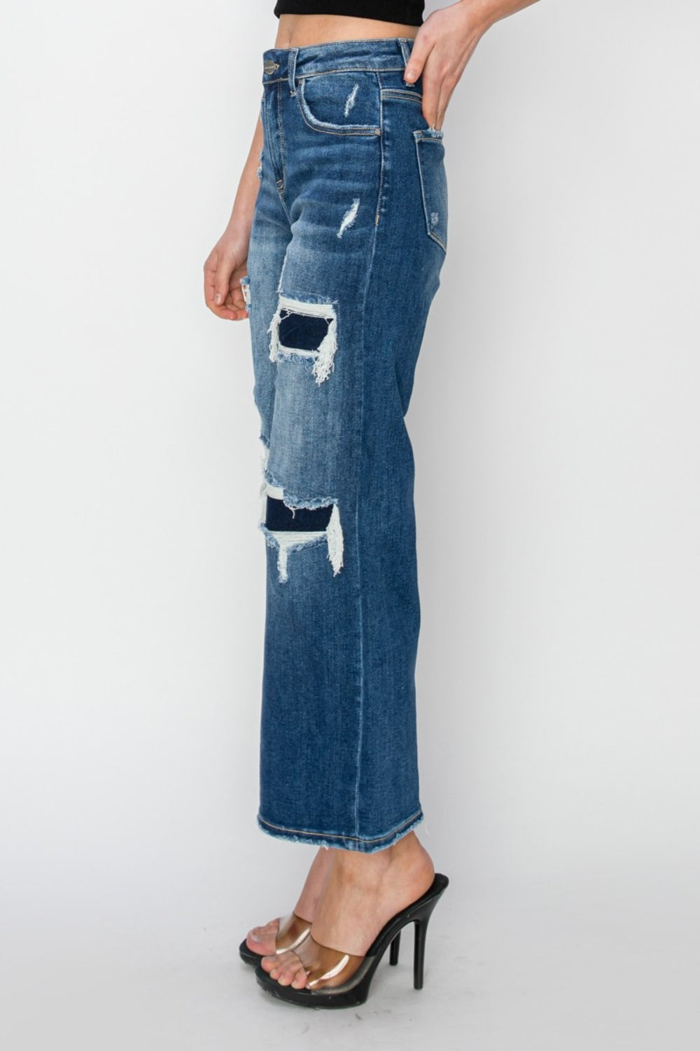 Risen Full Size High Rise Patch Detailed Wide Leg Crop Jeans - Jeans - FITGGINS