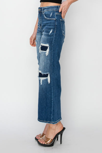 Risen Full Size High Rise Patch Detailed Wide Leg Crop Jeans - Jeans - FITGGINS