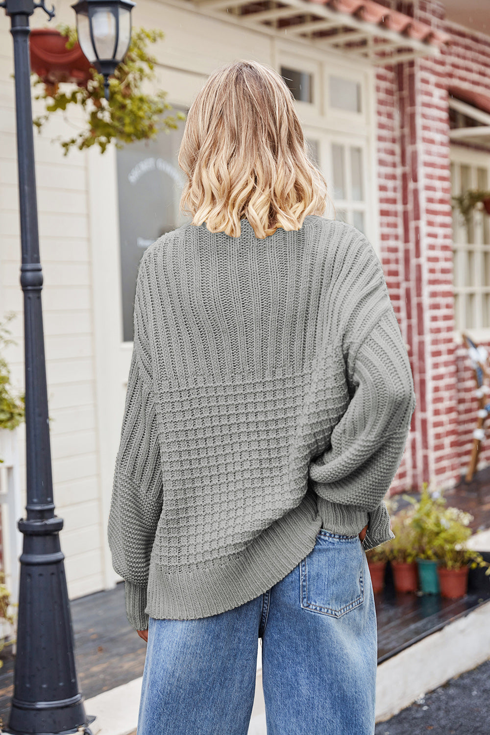 Ribbed Drop Shoulder Lantern Sleeve Sweater - Pullover Sweaters - FITGGINS