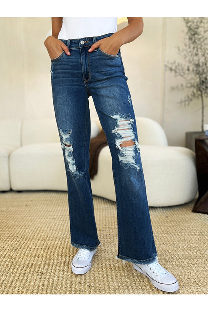 Judy Blue Full Size Mid Rise Distressed Raw Hem Jeans - Jeans - FITGGINS