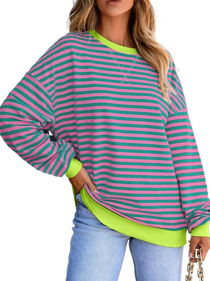 Striped Round Neck Dropped Shoulder Sweatshirt Fitggins