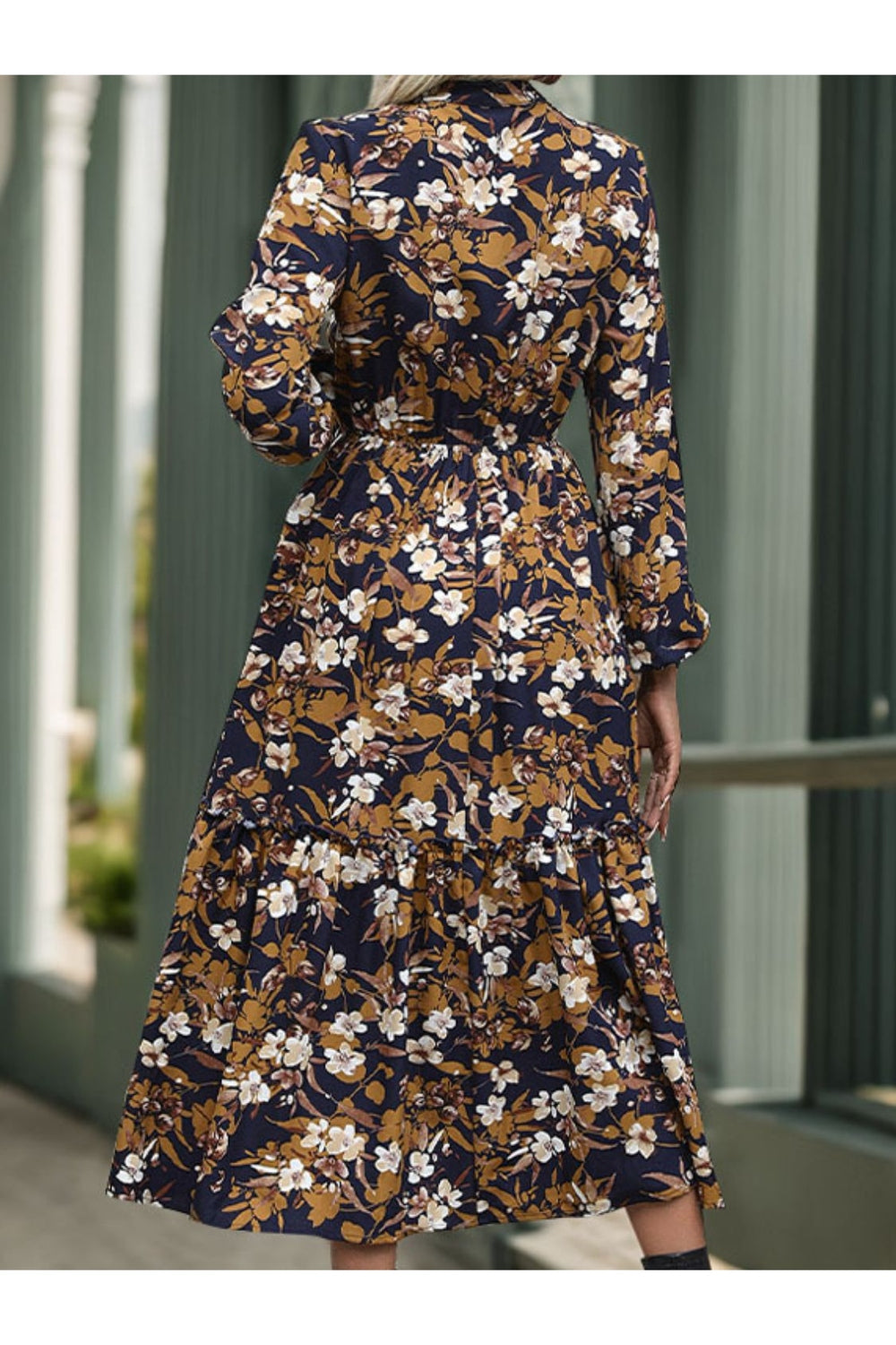 Perfee Printed Notched Long Sleeve Midi Dress - Casual & Maxi Dresses - FITGGINS