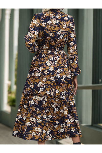 Perfee Printed Notched Long Sleeve Midi Dress - Casual & Maxi Dresses - FITGGINS