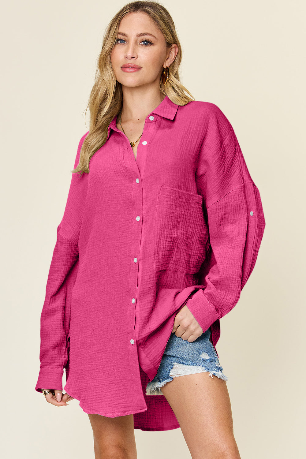 Double Take Full Size Pocketed Texture Button Up Shirt - Shirts - FITGGINS