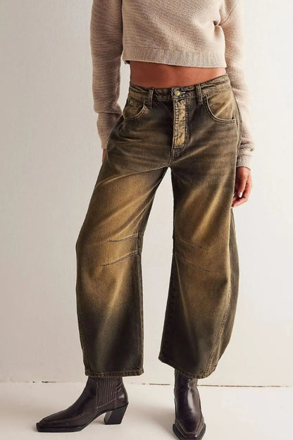 Wide Leg Jeans with Pockets Olive Brown Fitggins