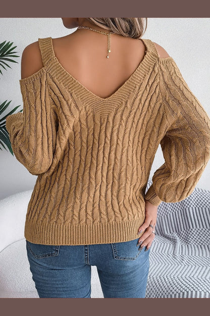 Cable-Knit Cold Shoulder Long Sleeve Sweater - Pullover Sweaters - FITGGINS