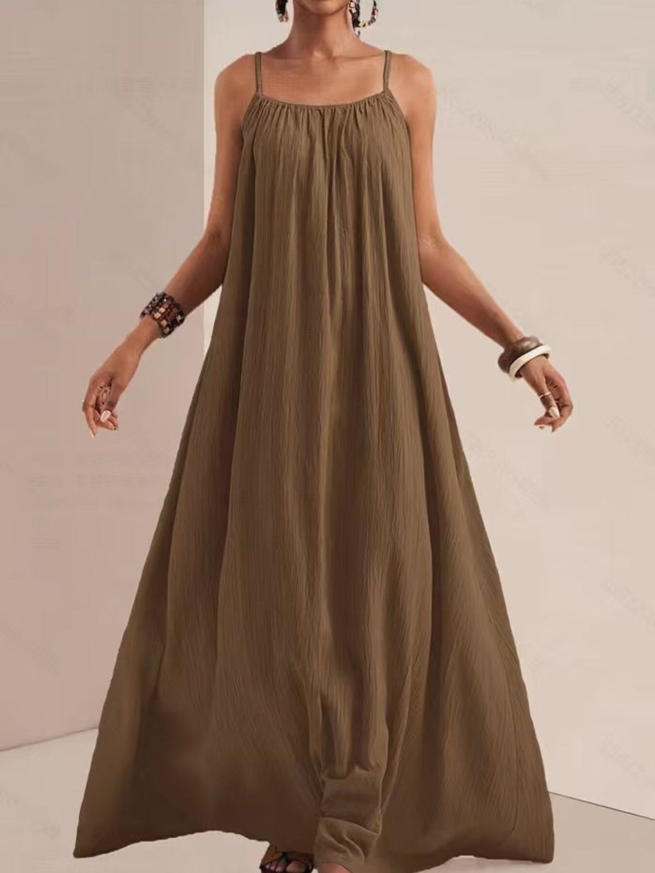 Spaghetti Strap Flowy Maxi Dress Brown Fitggins