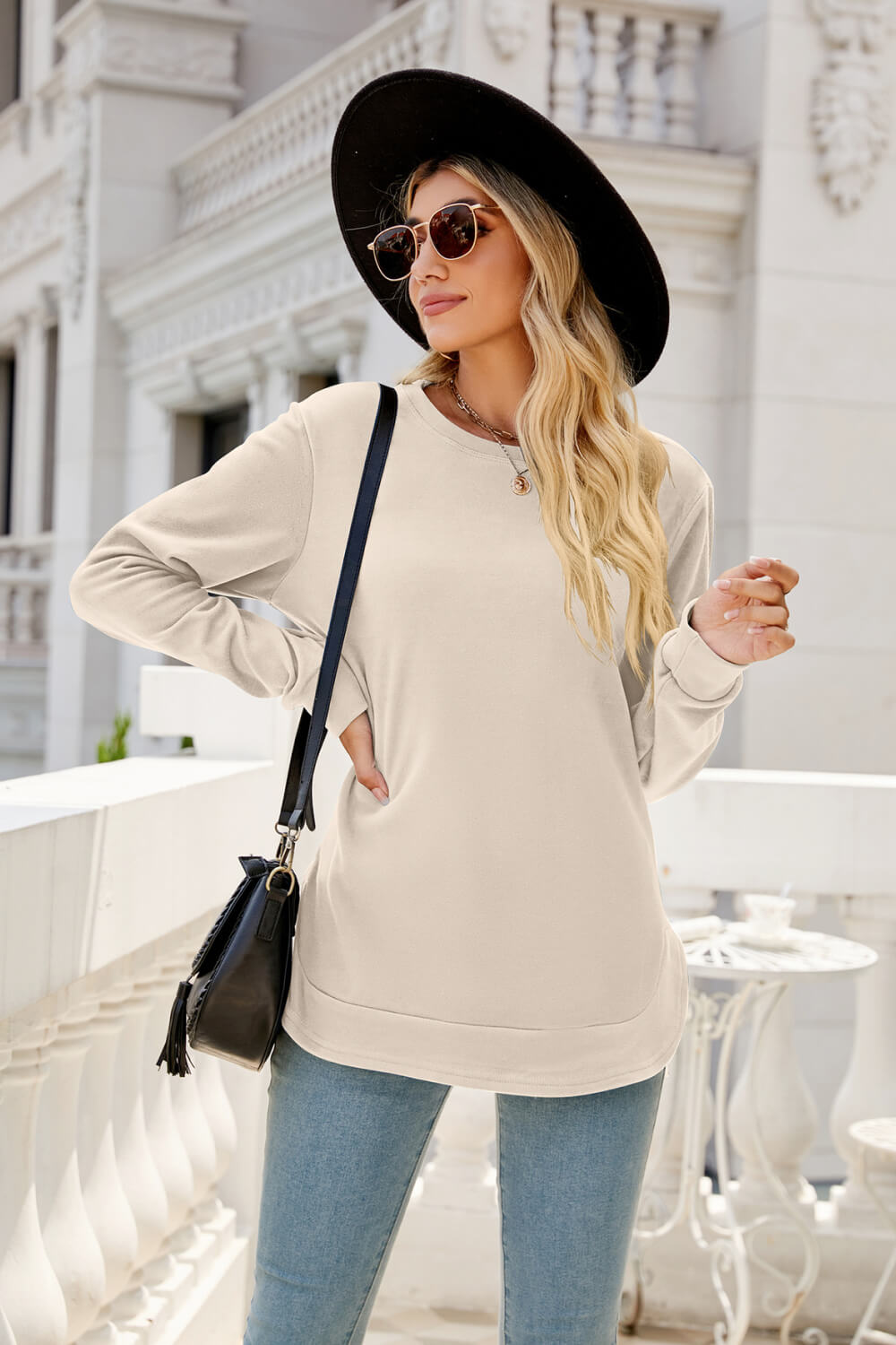 Round Neck Slit Tunic Top - T-Shirts - FITGGINS