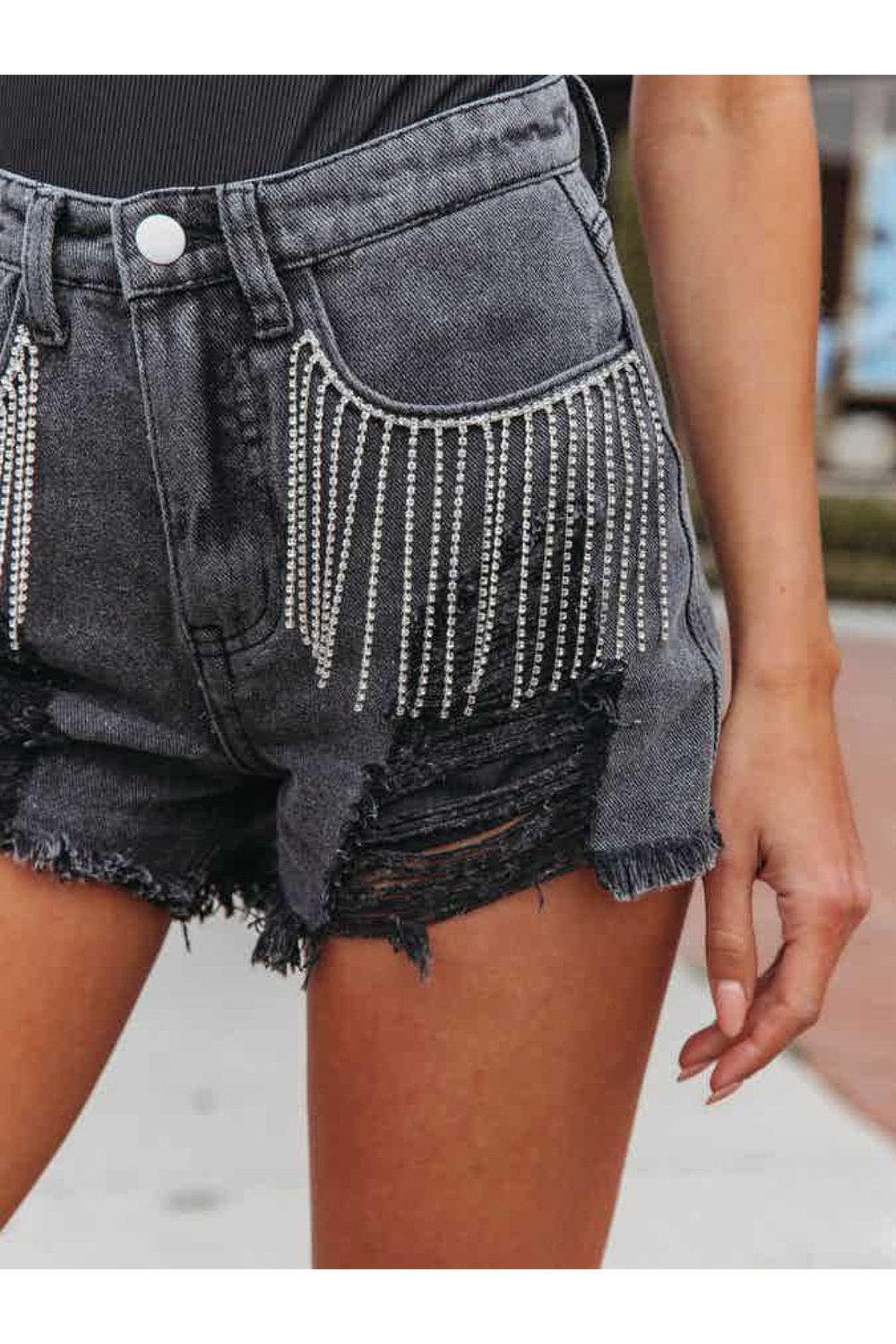 Distressed Fringe Denim Shorts with Pockets - Denim Shorts - FITGGINS