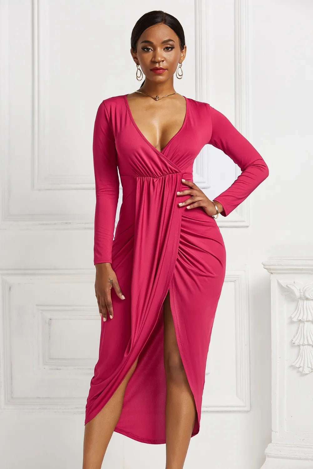High-low Ruched Surplice Long Sleeve Dress Fitggins