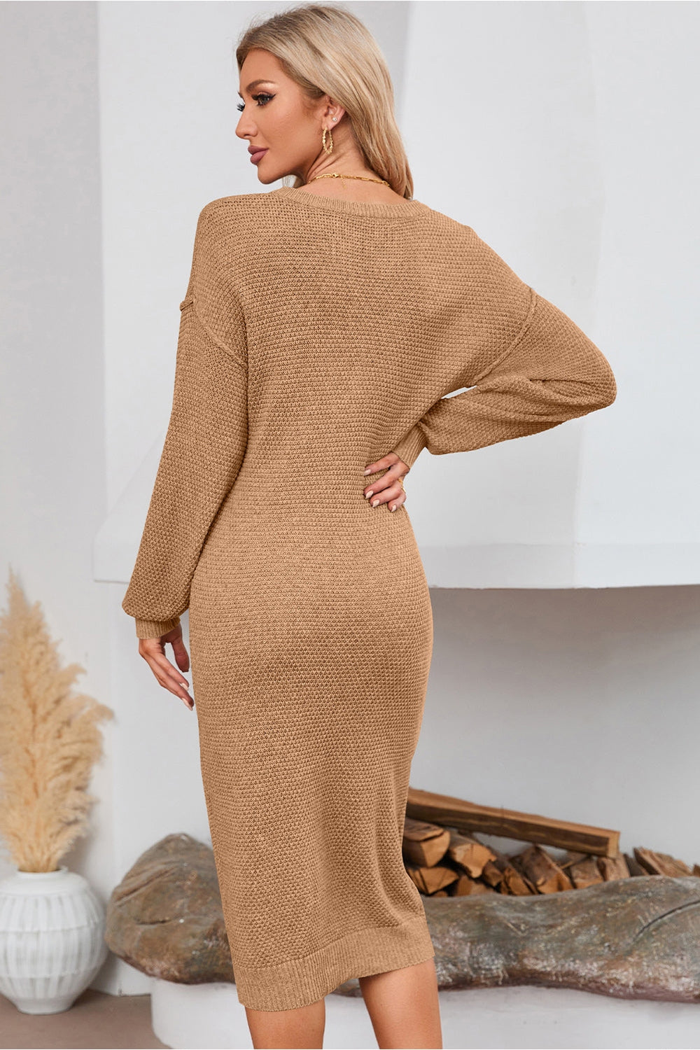 Half Button Long Sleeve Midi Sweater Dress - Sweater Dresses - FITGGINS