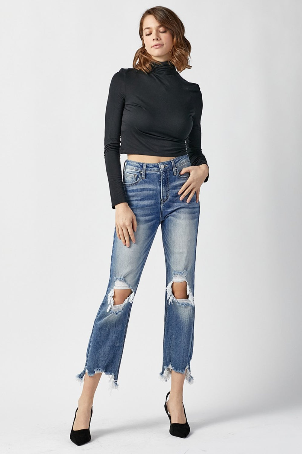 RISEN High Waist Distressed Frayed Hem Cropped Straight Jeans - Jeans - FITGGINS