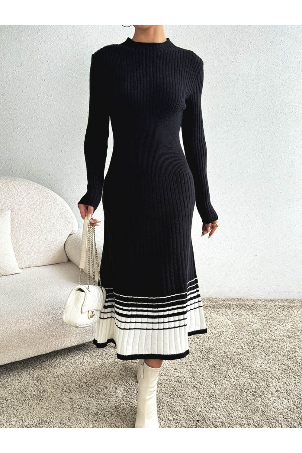 Contrast Mock Neck Long Sleeve Sweater Dress - Sweater Dresses - FITGGINS