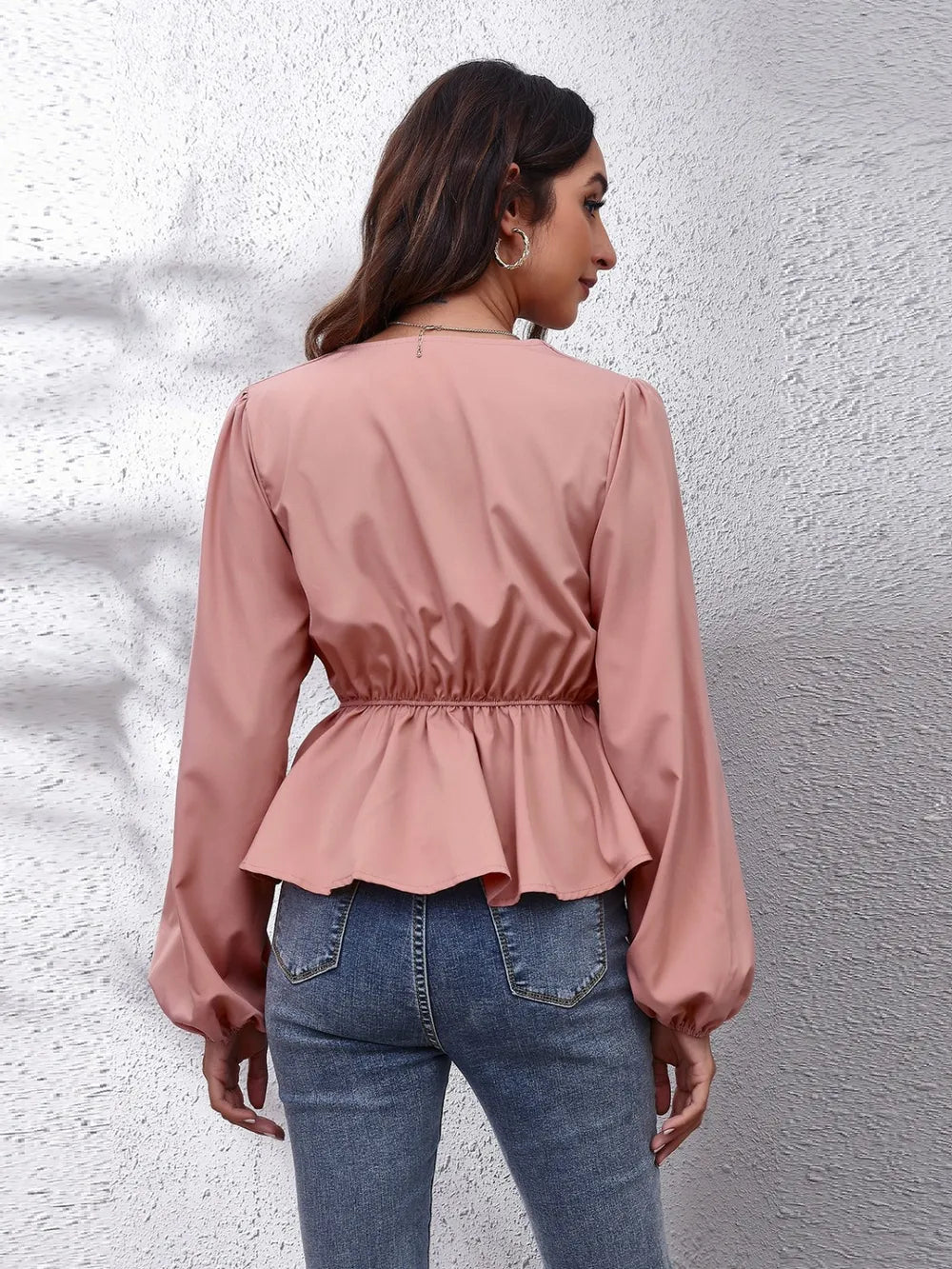 V-Neck Balloon Sleeve Peplum Blouse Fitggins