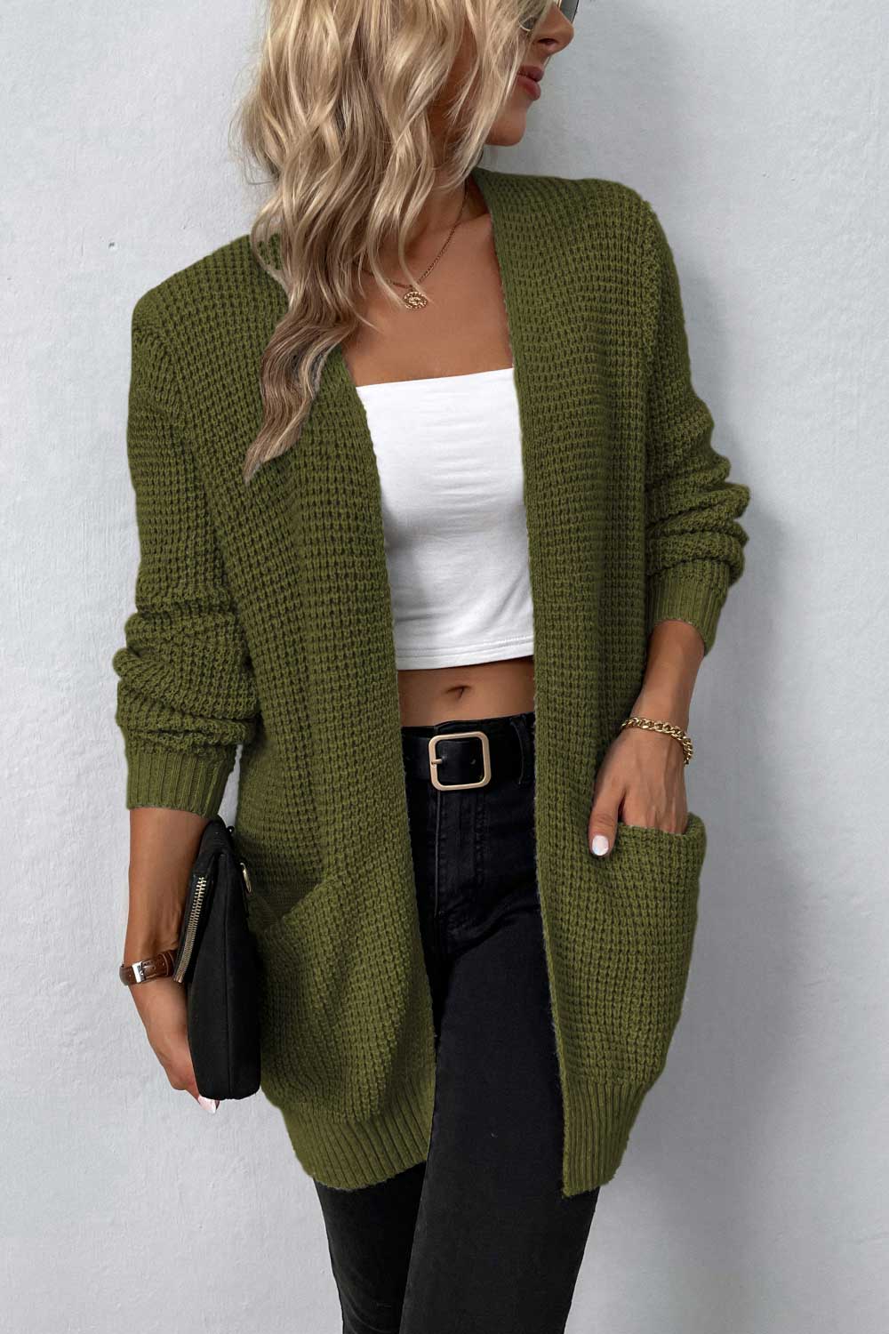 Rib-Knit Open Front Pocketed Cardigan Matcha Green Fitggins