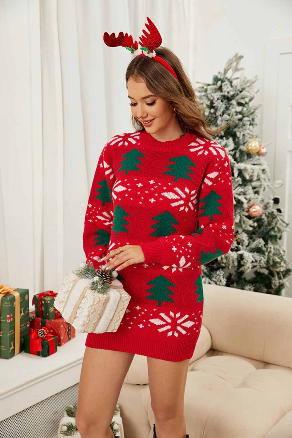 Christmas Tree Round Neck Sweater Dress - Sweater Dresses - FITGGINS