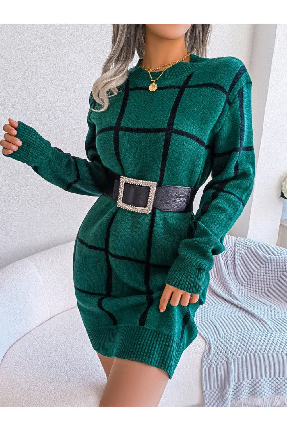 Plaid Round Neck Dropped Shoulder Sweater Dress - Sweater Dresses - FITGGINS